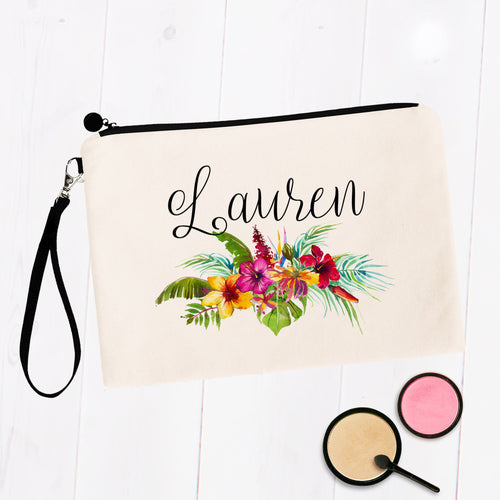 Tropical Hibiscus Floral Custom Name Makeup Bag