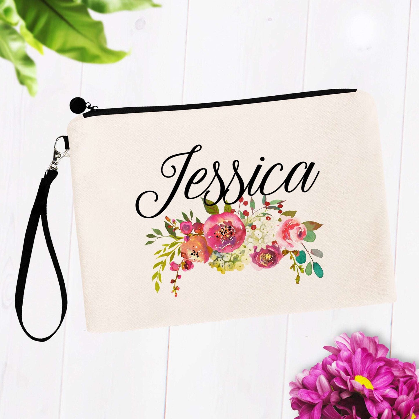 Pink Soft Floral Custom Name Makeup Bag