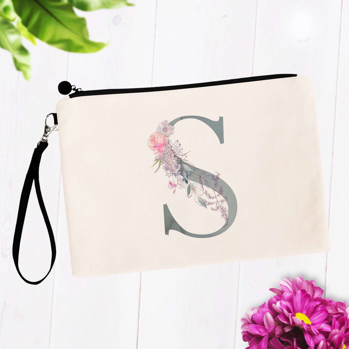 Soft Blue Floral Monogram Makeup Bag