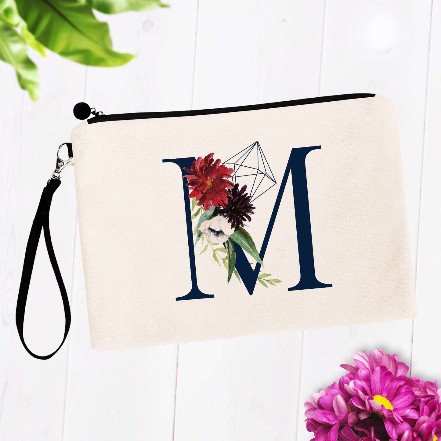 Navy Floral Geometric Monogram Initial Cosmetic Bag