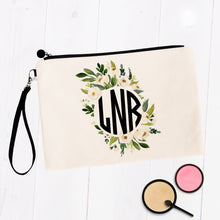 Load image into Gallery viewer, Round Soft White &amp; Green Floral Monogram Cosmetic Bag