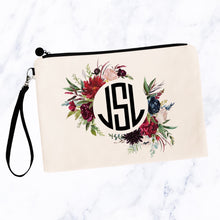 Load image into Gallery viewer, Round Burgundy Navy Floral Monogram Cosmetic Bag
