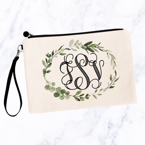 Greenery Wreath Monogram Cosmetic Bag