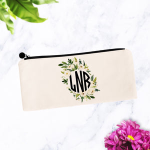 Round Soft White & Green Floral Monogram Cosmetic Bag