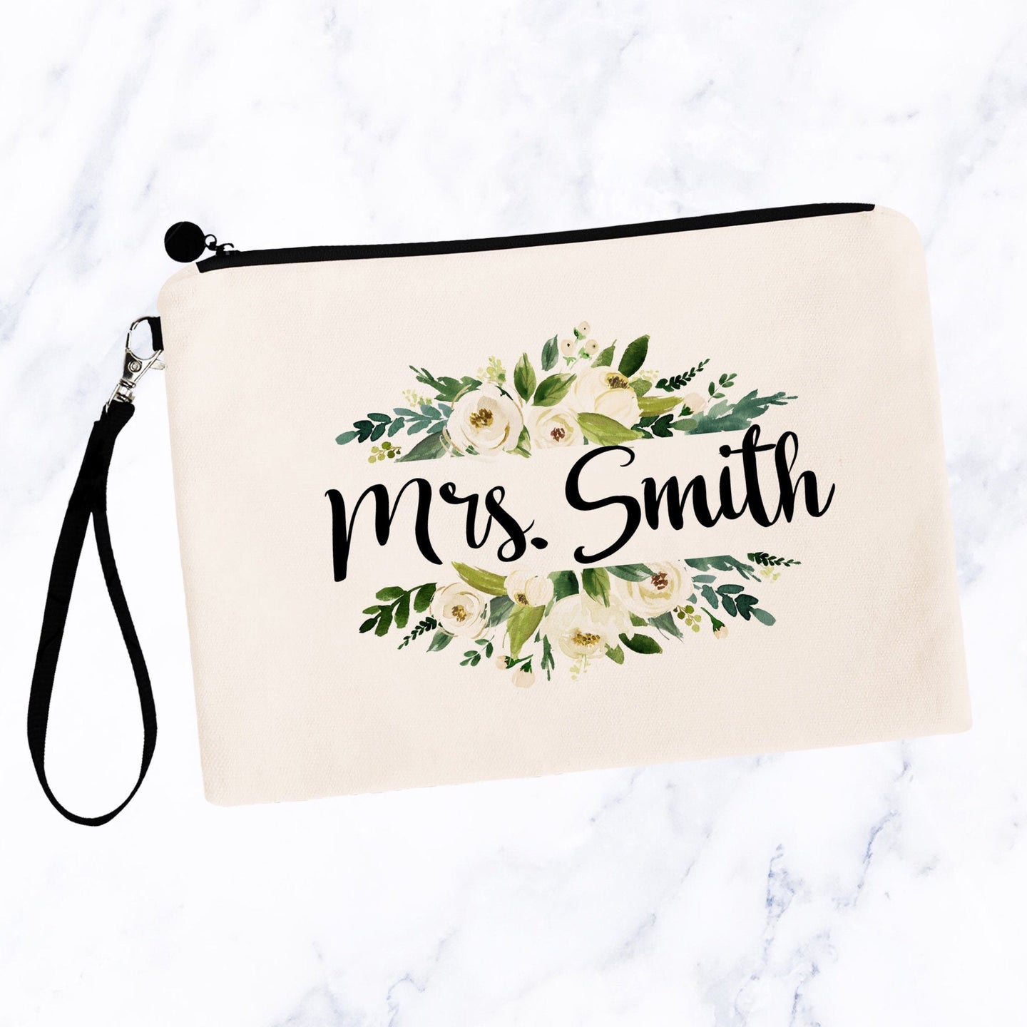 Personalized White Floral Makeup Bag