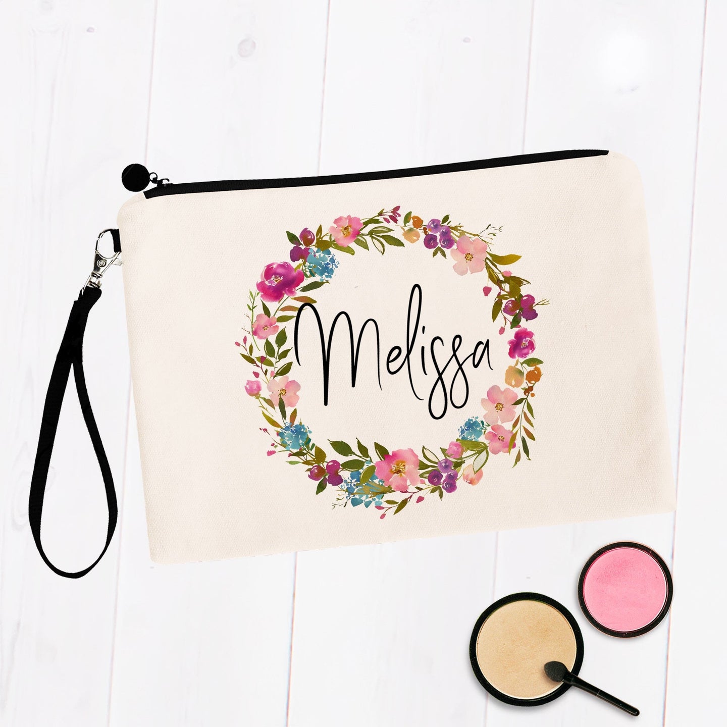 Personalized Makeup Bag with Floral Wreath