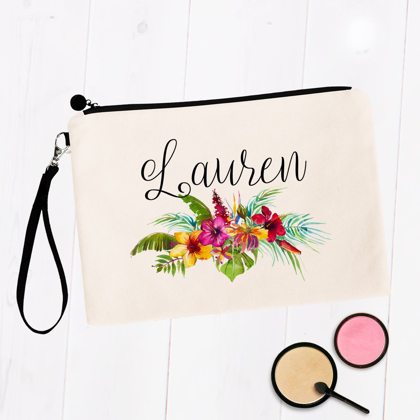 Tropical Hibiscus Floral Custom Name Makeup Bag