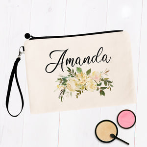 White Floral Personalized Makeup Bag