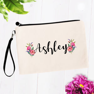 Personalized Custom Name Pink Flowers MakeUp Bag
