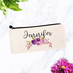 Custom Name Personalized Purple Floral Makeup Bag