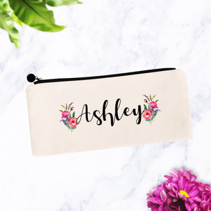 Personalized Custom Name Pink Flowers MakeUp Bag
