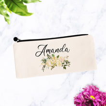 Load image into Gallery viewer, White Floral Personalized Makeup Bag