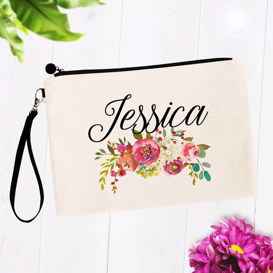 Pink Soft Floral Custom Name Makeup Bag
