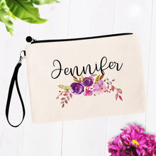 Load image into Gallery viewer, Custom Name Personalized Purple Floral Makeup Bag