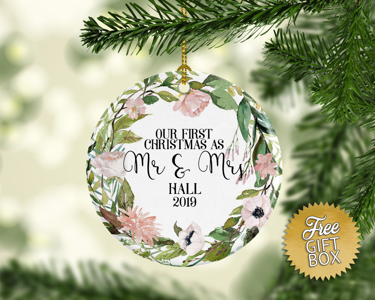 First Christmas as Mr Mrs Pink Floral Wreath