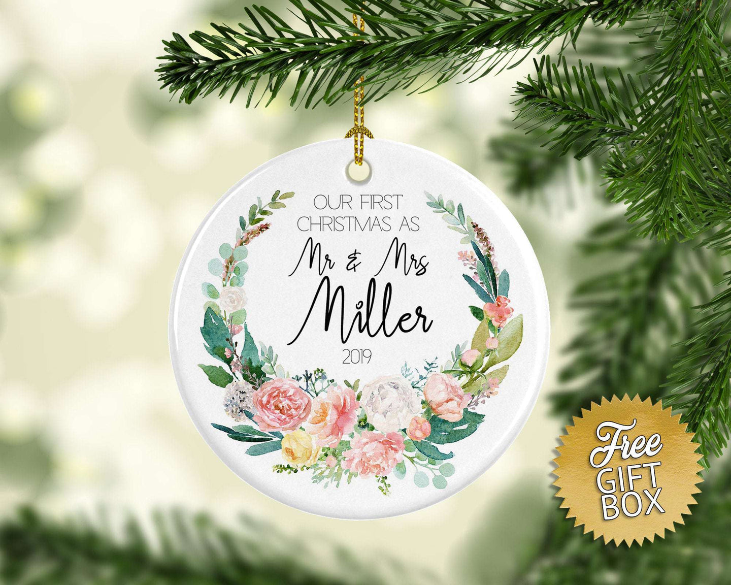 Pink Green Yellow Floral Wreath First Christmas Mr Mrs