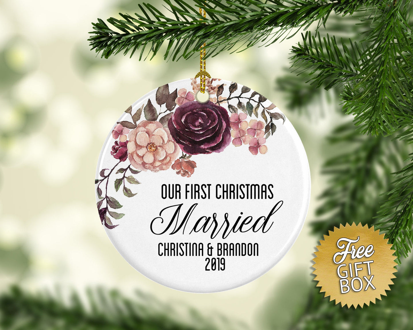 Burgundy Pink Floral First Married Christmas