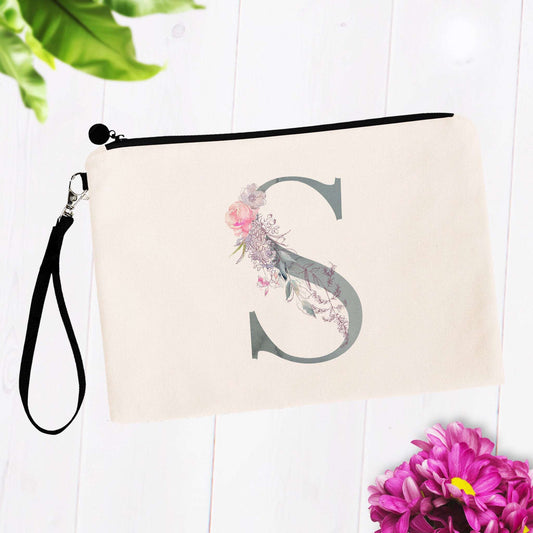 Soft Blue Floral Monogram Makeup Bag