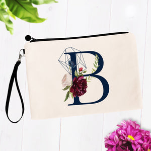 Navy Floral Geometric Monogram Initial Cosmetic Bag