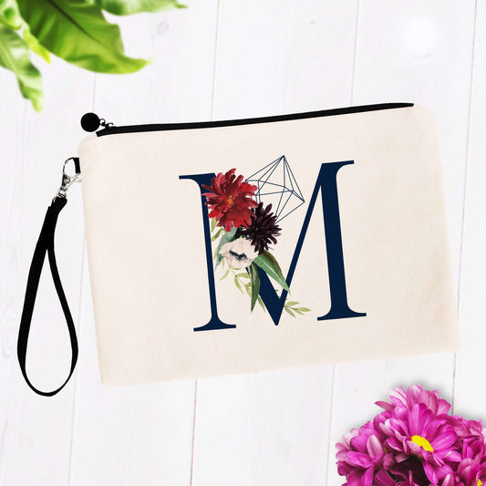 Navy Floral Geometric Monogram Initial Cosmetic Bag