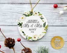 Load image into Gallery viewer, White Peony Greenery Wreath Mr Mrs First Christmas