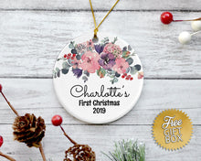 Load image into Gallery viewer, Pink Purple Floral Baby&#39;s First Christmas