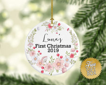 Load image into Gallery viewer, Pink Floral Wreath Baby&#39;s First Christmas