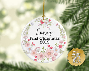 Pink Floral Wreath Baby's First Christmas