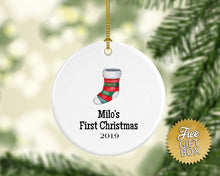 Load image into Gallery viewer, Red Green Stocking Baby&#39;s Name First Christmas